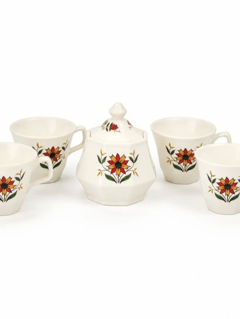 (Lot Of 5) Homer Laughlin Bayberry Floral Ironstone Pieces Sugar Bowl/Lid / Cups
